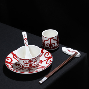 新款中式酒店餐厅摆台餐具四件套复古浮雕彩绘碗碟勺花茶杯套装
