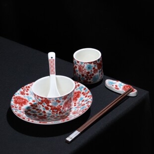 新款中式国风酒店会所餐厅复古浮雕彩绘四件套餐具高级感陶瓷套装