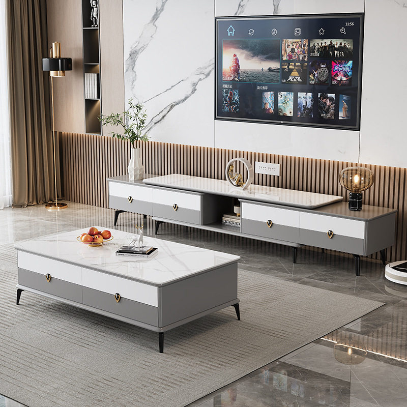 岩板茶几方形电视柜组合现代简约客厅家用小户型伸缩储物网红地柜