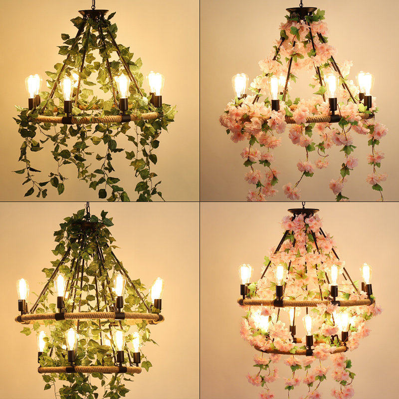 胡桃音乐餐厅吊灯复古麻绳吊灯工业风酒吧服装店植物繁花店铺灯具