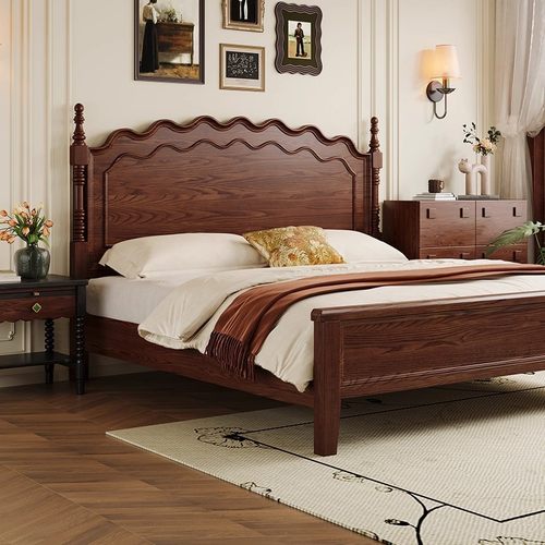 美式实木床现代简约波浪高端双人床复古法式床主卧轻奢白蜡木婚床