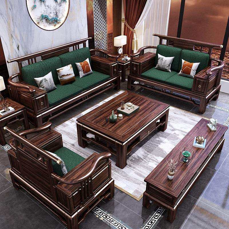 新中式古典乌金木实木沙发休闲椅三件套组合现代客厅家具全套