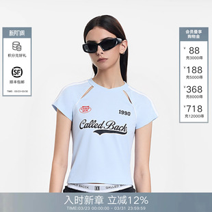 蓝色印花修身 Called T恤女2026春夏新款 复古短袖 显瘦上衣 Back美式