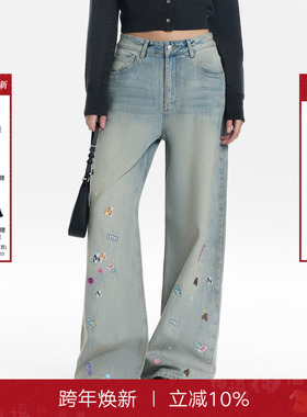 Called Back牛仔裤女2025秋冬季新款高腰修身饭团熊印花直筒裤子