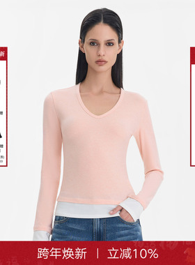 Called Back长袖上衣女2025秋季新款休闲简约撞色修身针织打底衫