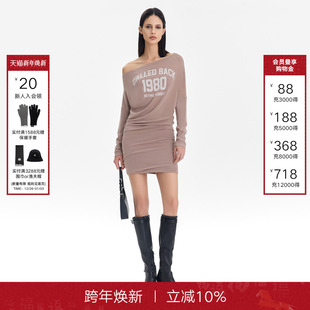 字母印花1980斜肩收腰长袖 新款 裙子 Back连衣裙女2025秋季 Called