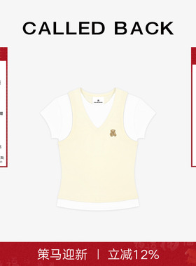 CALLED BACK假两件短袖T恤女2025夏季新款饭团熊黄色修身显瘦上衣