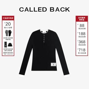 假两件长袖 女秋季 打底上衣 BACK简约撞色纽扣半开领针织衫 CALLED