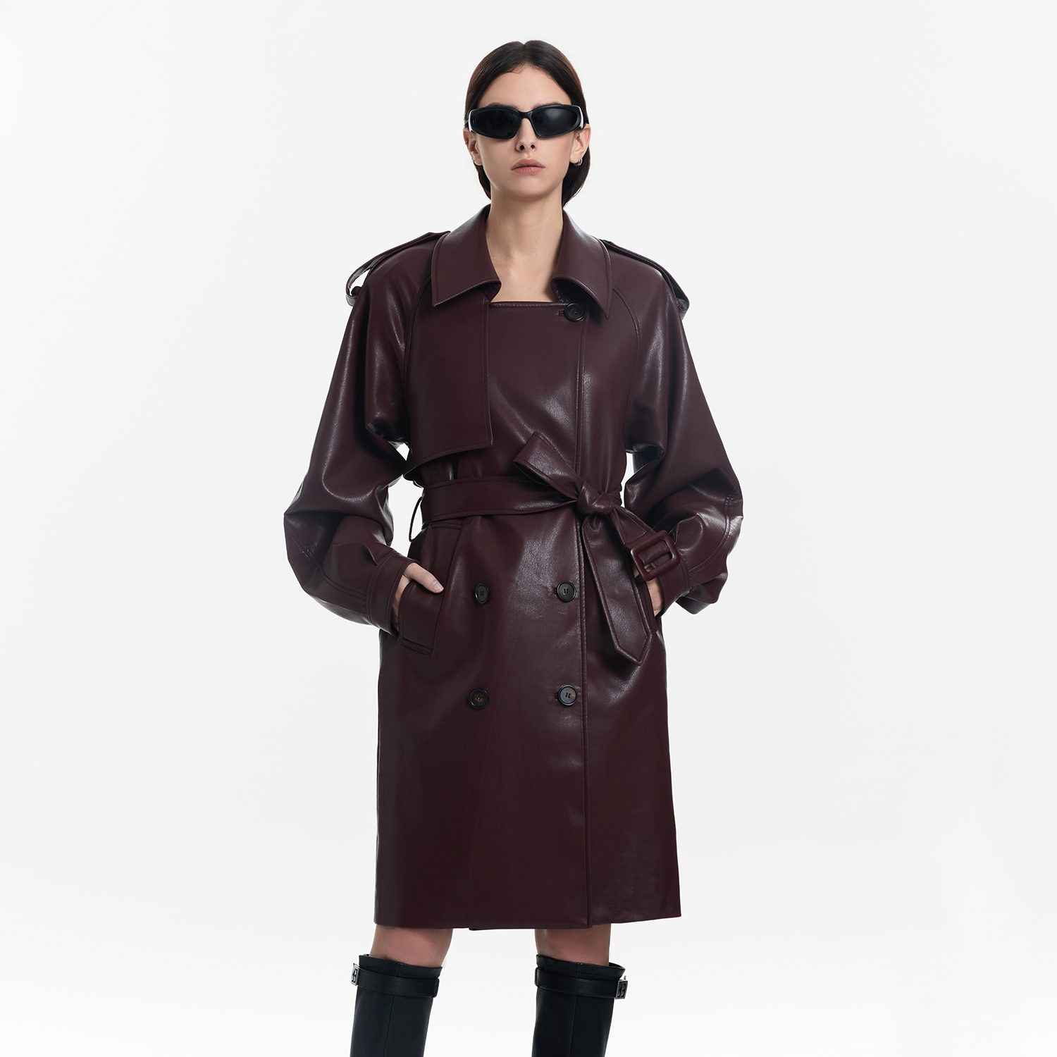 CalledBack皮质风衣女长款外套