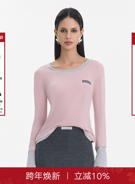 Called Back假两件长袖上衣女2025秋季新款撞色拼接针织打底衫