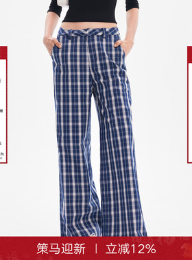 Called Back蓝色格子休闲裤2025秋季新款高腰复古休闲直筒阔腿裤