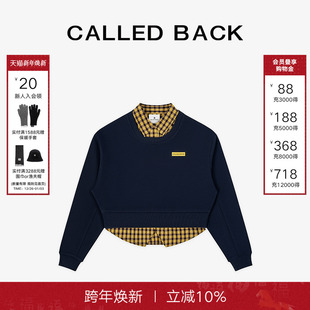 Back2025秋季 休闲短款 新款 假两件长袖 卫衣女 拼接格纹衬衫 Called