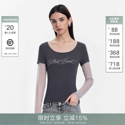 CalledBack黑色烫钻长袖T恤女