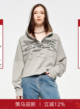 CALLEDBACK官方直营秋季新款印花LOGO连帽卫衣女百搭休闲短款上衣