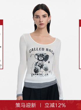 Called Back条纹拼接假两件上衣2025秋新款饭团熊修身针织打底衫