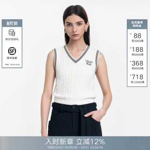 上衣 撞色刺绣V领学院风无袖 CALLED BACK针织背心女2026春夏新款