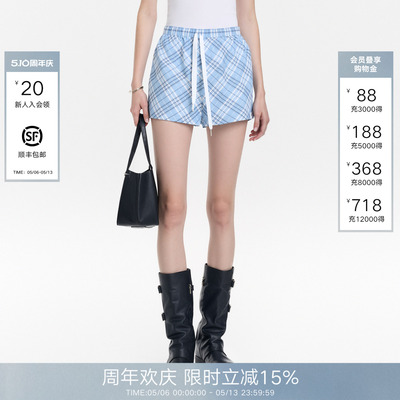 CalledBack蓝色格子短裤女