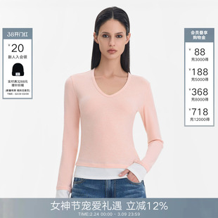 Called Back长袖T恤女2026春夏新款撞色休闲简约针织V领修身上衣