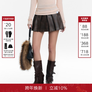 美拉德皮短裙女复古棕色百褶裙半身裙 新款 CALLED BACK2025秋季