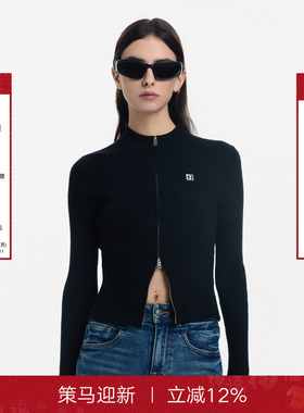 CALLED BACK黑色短外套女2025秋季新款百搭立领修身针织开衫上衣