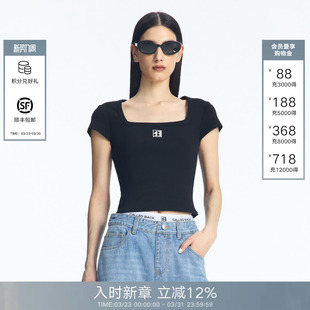 BACK2026春夏季 短款 新款 T恤女修身 百搭休闲上衣 方领短袖 CALLED