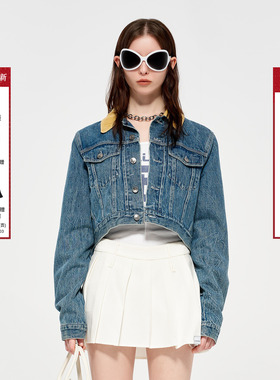 【郑合惠子同款】CalledBack牛仔外套女秋季新款撞色翻领短款夹克