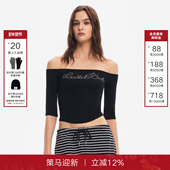 五分袖 上衣 Back一字肩T恤女26春季 烫钻修身 陈都灵同款 Called
