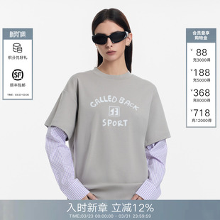 T恤女百搭圆领上衣 拼接格子假两件长袖 CALLED BACK2026春夏新款