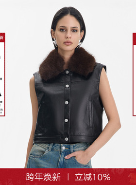 Called Back马甲外套女2025秋季新款气质百搭时尚黑色毛领皮衣