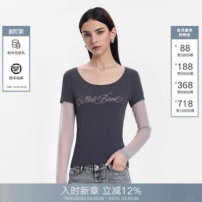 CalledBack黑色烫钻长袖T恤女