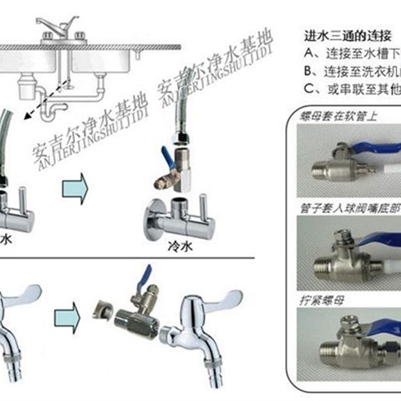 分体净水机三通球阀4分三通转2分球阀接二分PE管不锈钢铜球阀