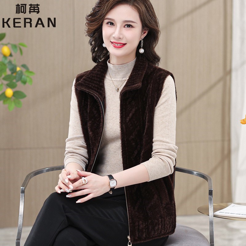 中老年女秋冬水貂绒纯色马夹外套妈妈装拉链坎肩外穿翻领开衫背心