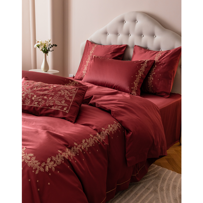 速发100支新缎贡疆长绒棉全棉四件套 床绣婚庆大红刺上