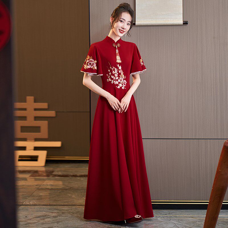 速发大码孕妇新中式改良旗袍敬酒服新娘高腰遮肚结婚礼服裙新式秀