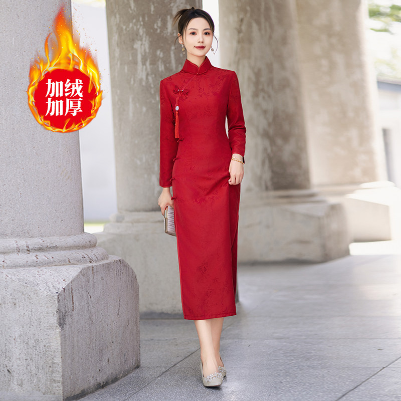 速发出嫁外嫁款娘家旗袍2新250回礼服年会迎宾颁奖礼仪服装红色冬