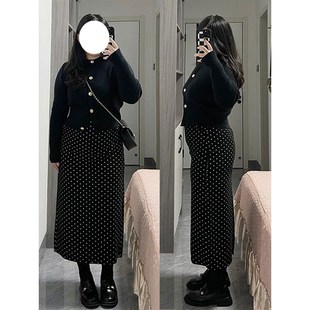 速发大裙装黑色波点半高码身腰淑风裙子a字中长裙