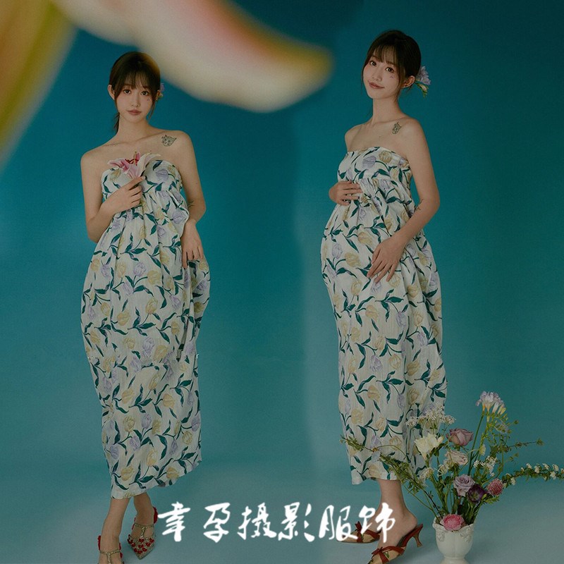 速发孕妇拍照服装影楼新个法式古复气质抹胸裙款人孕妇摄影艺术照