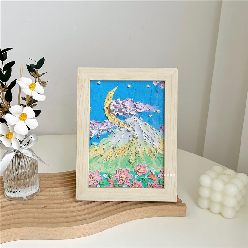 速发1VPK自制小清新油画草绘实木相框摆件 桌面卧室挂画原木框画