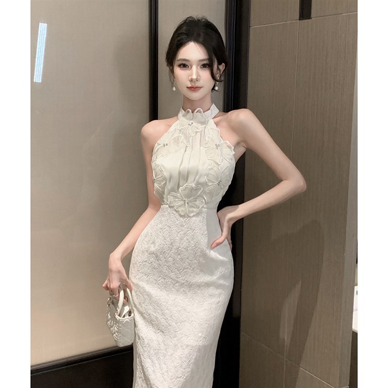 速发法式小众气质名媛挂脖连衣裙装夏季包臀中长款礼服裙子