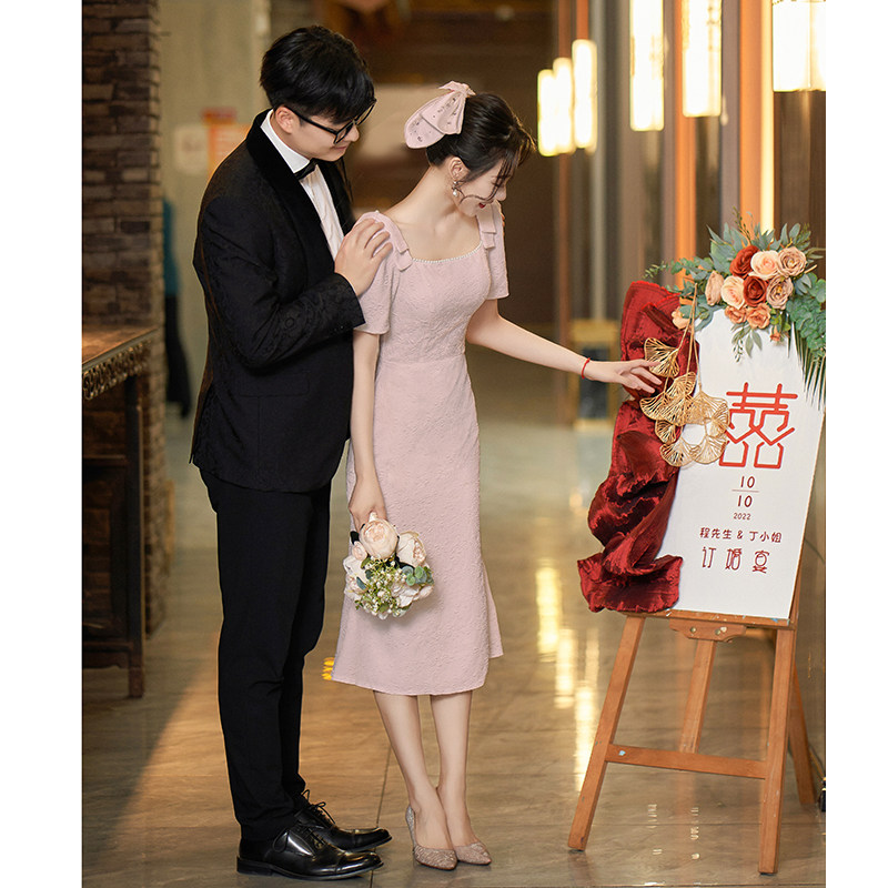 速发粉色礼服订领连衣裙平时可穿生日聚会衣式婚证鱼尾裙回门法服