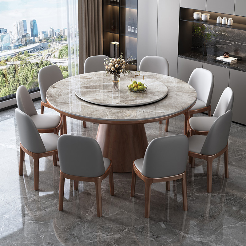 轻奢岩板餐桌椅现代简约新款家用实木圆形带桌面转盘吃饭桌大圆桌