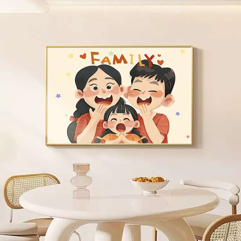 日式原木风一家人三四口全家福餐厅装饰画奶油风温馨卧室床头挂画图片