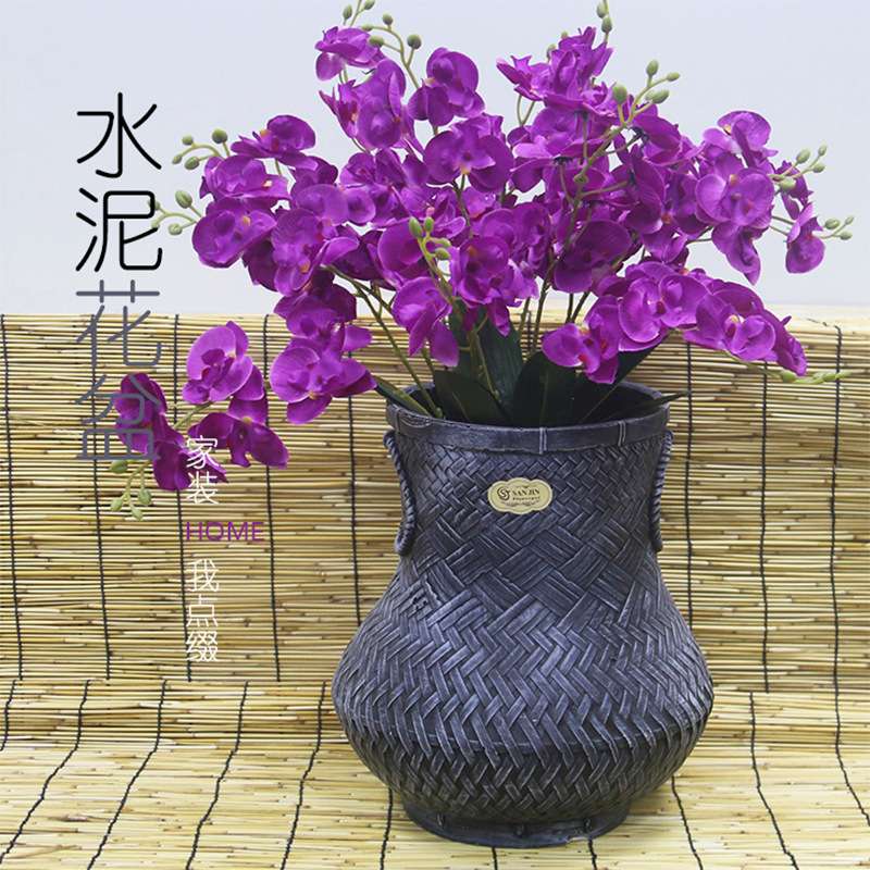 仿竹编织北欧花瓶大 水泥花盆灰蓝色客厅装饰花器氧化镁泥盆创意