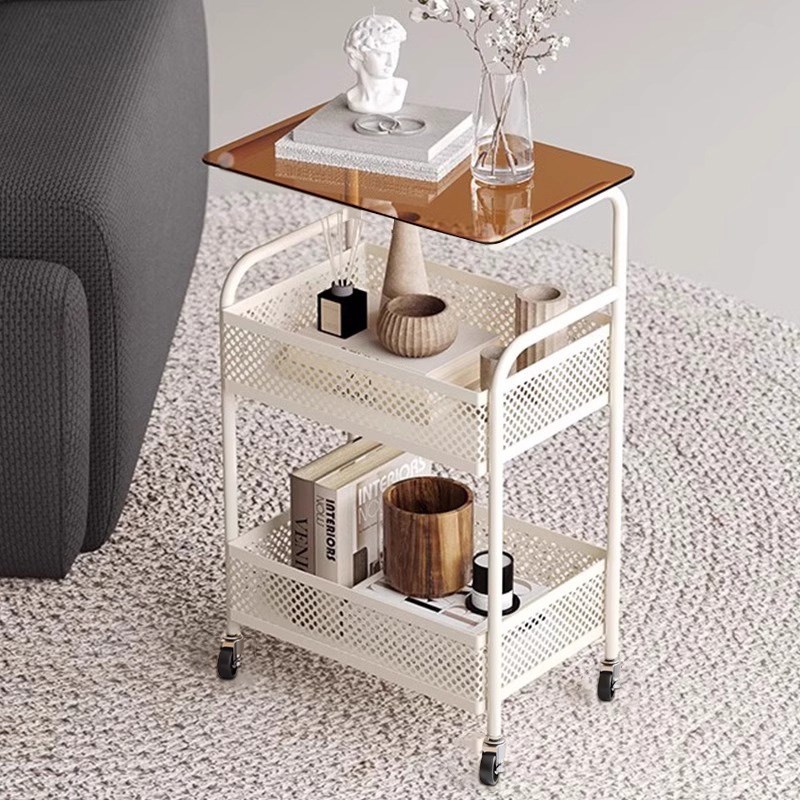奶油风可移动小推车置物架客厅沙发边几零食收纳架子小茶几侧边柜