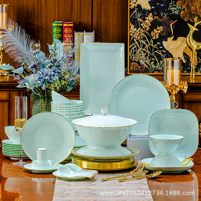 青瓷碗碟套装家用 高档礼品景德镇餐具套装陶瓷骨瓷餐具送礼