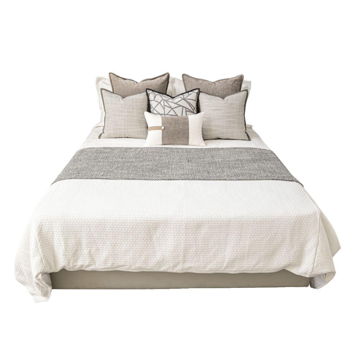 新中式卧室软装床品套件米咖色棉麻搭毯床尾巾床头靠枕民宿样板房