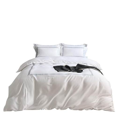 酒店民宿四件套设计师款全棉刺绣纯白色贡缎布草床品