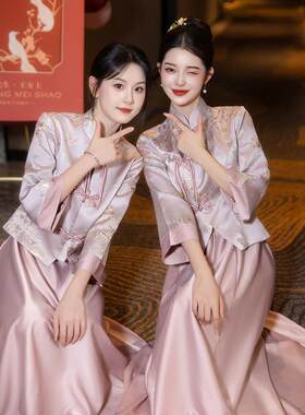新中式伴娘礼服2025新款粉色秋冬季长袖闺蜜姐妹团礼服裙日常可穿