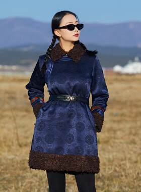 蒙古元素棉衣女冬季保暖外套蒙古袍民族风中长款蒙古族棉服羊羔毛