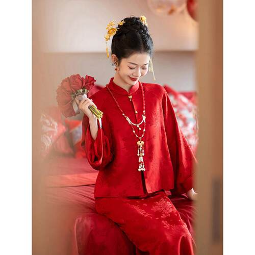 新中式敬酒服新娘2026新款绝美红色旗袍订婚礼服裙回门宴答谢长袖